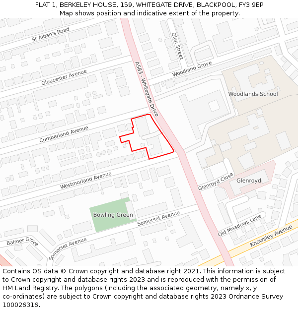 FLAT 1, BERKELEY HOUSE, 159, WHITEGATE DRIVE, BLACKPOOL, FY3 9EP: Location map and indicative extent of plot