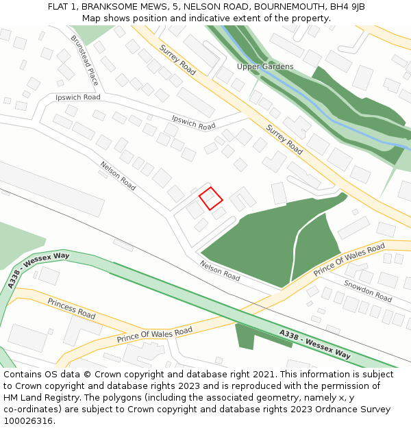 FLAT 1, BRANKSOME MEWS, 5, NELSON ROAD, BOURNEMOUTH, BH4 9JB: Location map and indicative extent of plot