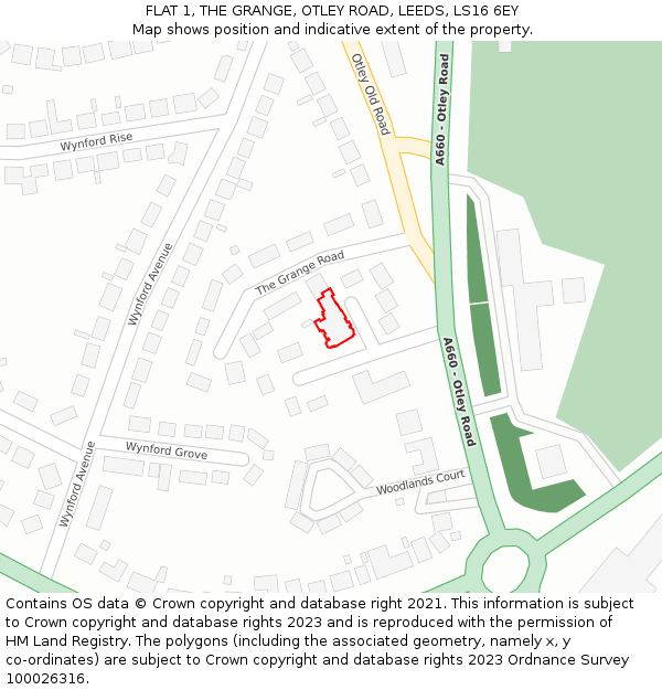 FLAT 1, THE GRANGE, OTLEY ROAD, LEEDS, LS16 6EY: Location map and indicative extent of plot