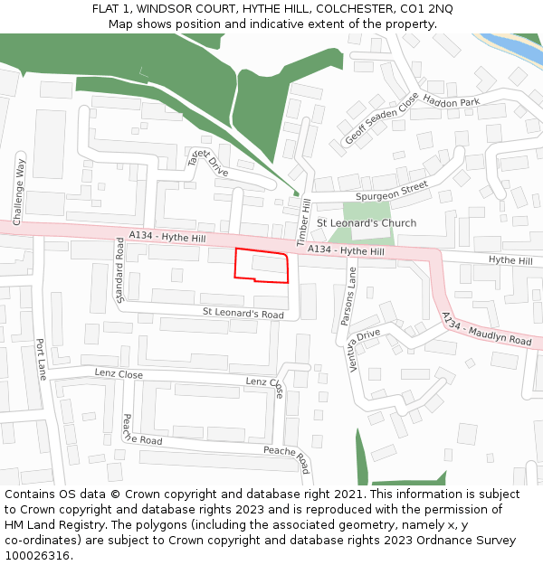 FLAT 1, WINDSOR COURT, HYTHE HILL, COLCHESTER, CO1 2NQ: Location map and indicative extent of plot