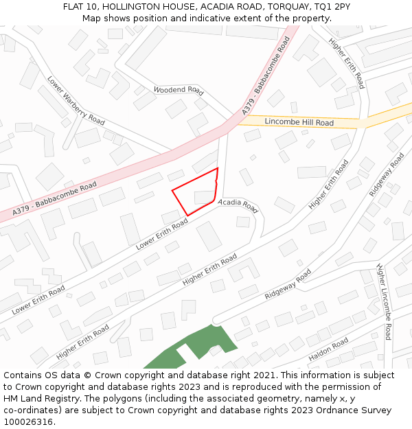 FLAT 10, HOLLINGTON HOUSE, ACADIA ROAD, TORQUAY, TQ1 2PY: Location map and indicative extent of plot