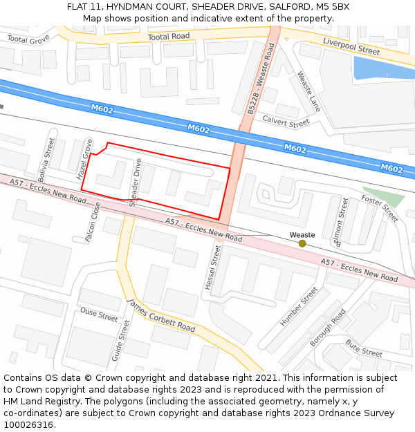 FLAT 11, HYNDMAN COURT, SHEADER DRIVE, SALFORD, M5 5BX: Location map and indicative extent of plot