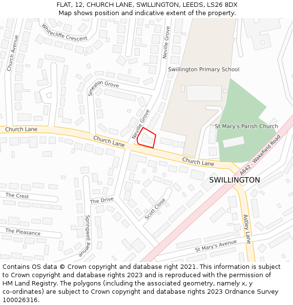 FLAT, 12, CHURCH LANE, SWILLINGTON, LEEDS, LS26 8DX: Location map and indicative extent of plot