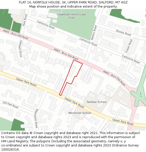 FLAT 14, NORFOLK HOUSE, 34, UPPER PARK ROAD, SALFORD, M7 4GZ: Location map and indicative extent of plot