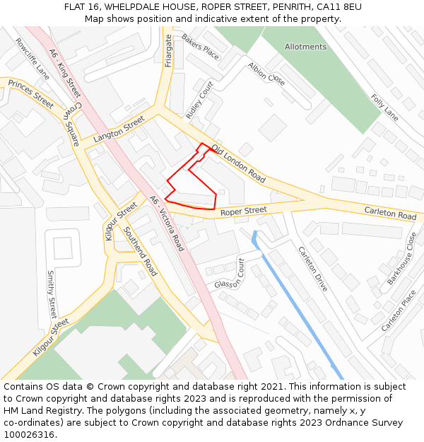 FLAT 16, WHELPDALE HOUSE, ROPER STREET, PENRITH, CA11 8EU: Location map and indicative extent of plot