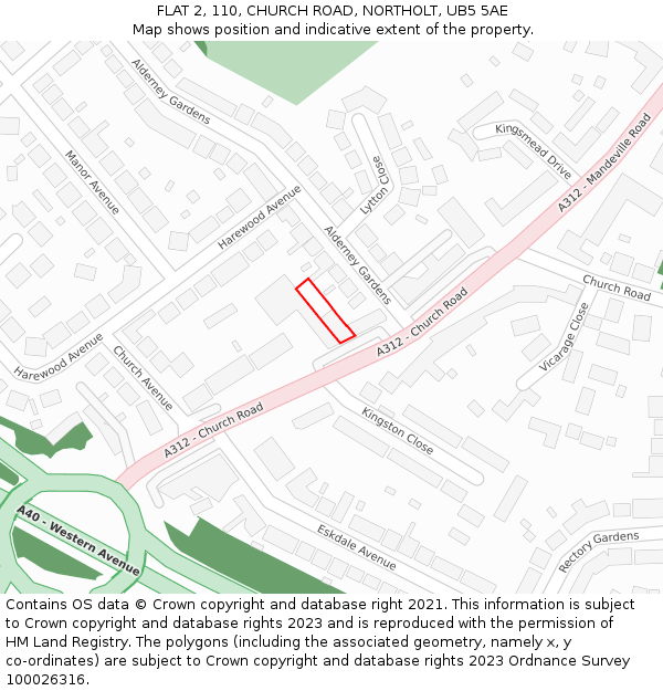 FLAT 2, 110, CHURCH ROAD, NORTHOLT, UB5 5AE: Location map and indicative extent of plot