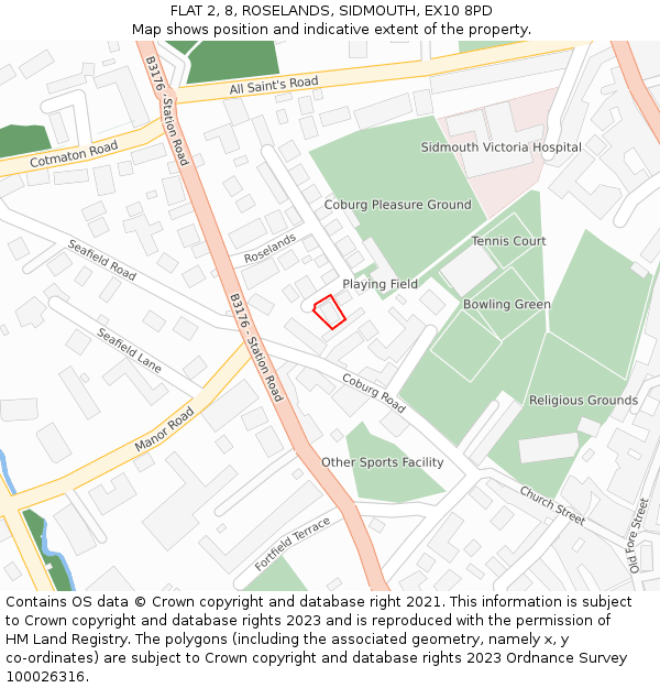 FLAT 2, 8, ROSELANDS, SIDMOUTH, EX10 8PD: Location map and indicative extent of plot