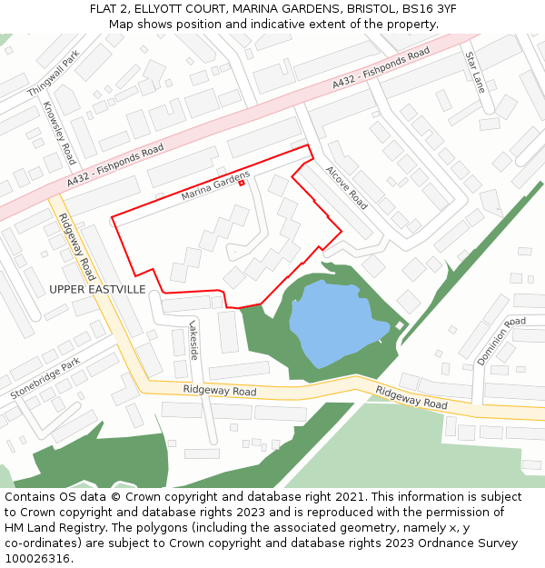 FLAT 2, ELLYOTT COURT, MARINA GARDENS, BRISTOL, BS16 3YF: Location map and indicative extent of plot