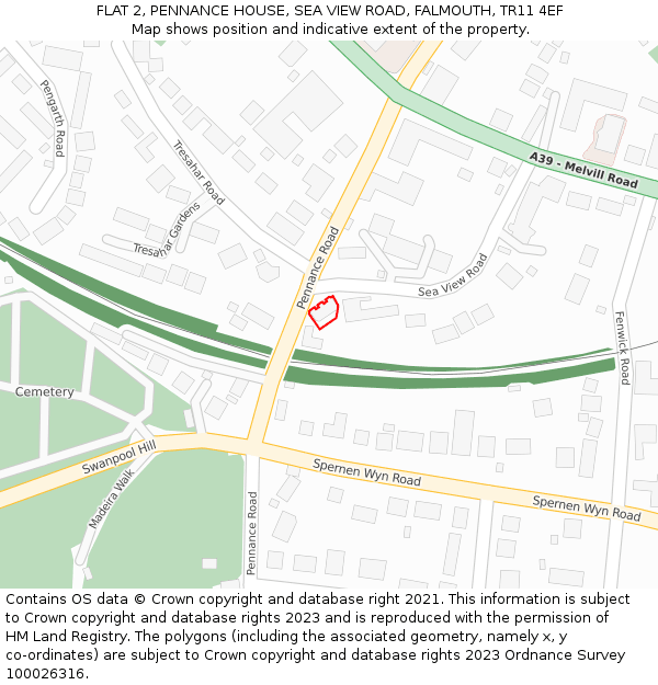 FLAT 2, PENNANCE HOUSE, SEA VIEW ROAD, FALMOUTH, TR11 4EF: Location map and indicative extent of plot