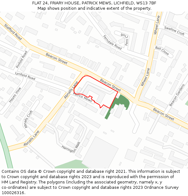 FLAT 24, FRIARY HOUSE, PATRICK MEWS, LICHFIELD, WS13 7BF: Location map and indicative extent of plot