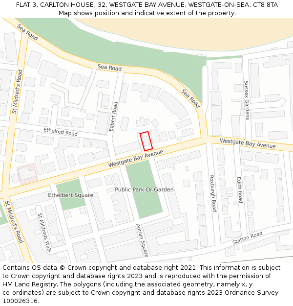 FLAT 3, CARLTON HOUSE, 32, WESTGATE BAY AVENUE, WESTGATE-ON-SEA, CT8 8TA: Location map and indicative extent of plot