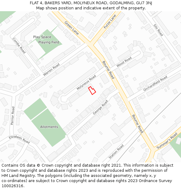 FLAT 4, BAKERS YARD, MOLYNEUX ROAD, GODALMING, GU7 3NJ: Location map and indicative extent of plot