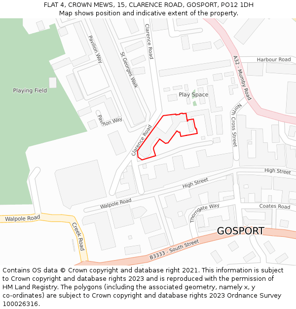 FLAT 4, CROWN MEWS, 15, CLARENCE ROAD, GOSPORT, PO12 1DH: Location map and indicative extent of plot