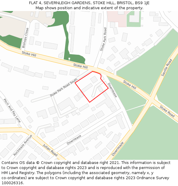 FLAT 4, SEVERNLEIGH GARDENS, STOKE HILL, BRISTOL, BS9 1JE: Location map and indicative extent of plot