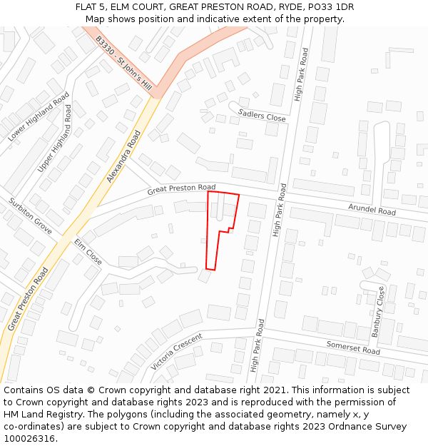 FLAT 5, ELM COURT, GREAT PRESTON ROAD, RYDE, PO33 1DR: Location map and indicative extent of plot