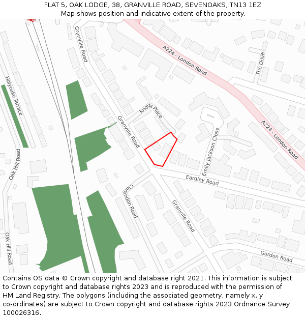 FLAT 5, OAK LODGE, 38, GRANVILLE ROAD, SEVENOAKS, TN13 1EZ: Location map and indicative extent of plot