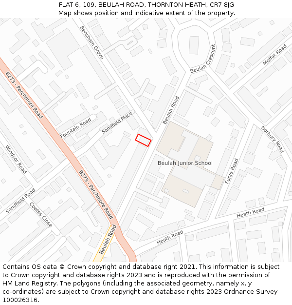 FLAT 6, 109, BEULAH ROAD, THORNTON HEATH, CR7 8JG: Location map and indicative extent of plot