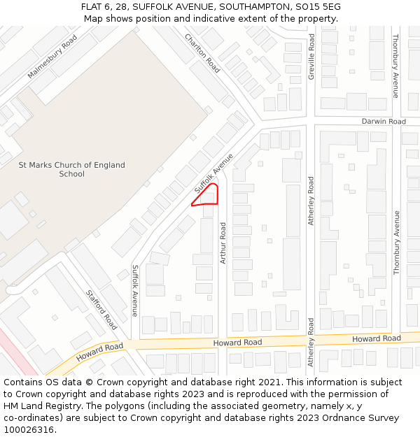 FLAT 6, 28, SUFFOLK AVENUE, SOUTHAMPTON, SO15 5EG: Location map and indicative extent of plot