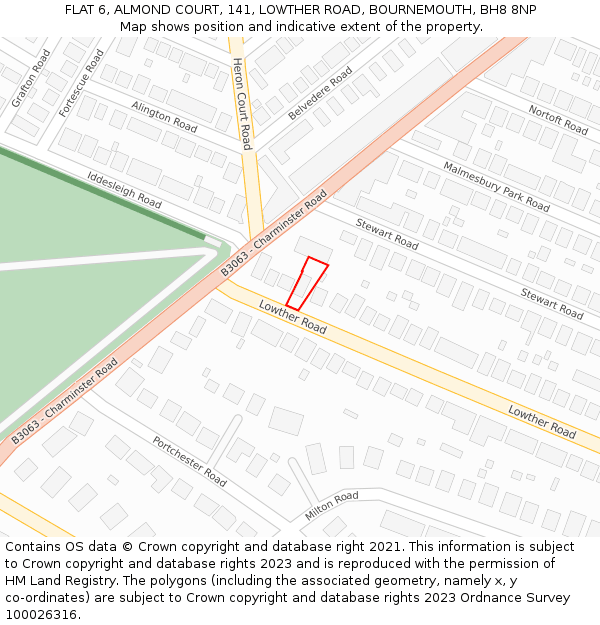 FLAT 6, ALMOND COURT, 141, LOWTHER ROAD, BOURNEMOUTH, BH8 8NP: Location map and indicative extent of plot