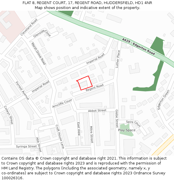 FLAT 8, REGENT COURT, 17, REGENT ROAD, HUDDERSFIELD, HD1 4NR: Location map and indicative extent of plot