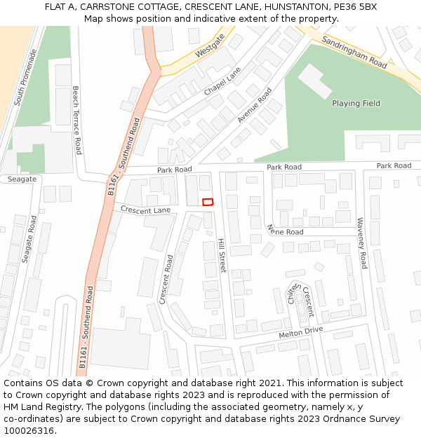 FLAT A, CARRSTONE COTTAGE, CRESCENT LANE, HUNSTANTON, PE36 5BX: Location map and indicative extent of plot