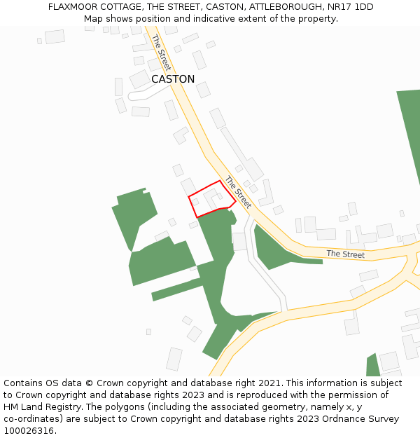 FLAXMOOR COTTAGE, THE STREET, CASTON, ATTLEBOROUGH, NR17 1DD: Location map and indicative extent of plot