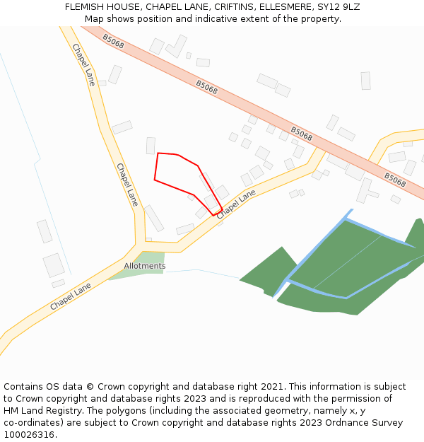 FLEMISH HOUSE, CHAPEL LANE, CRIFTINS, ELLESMERE, SY12 9LZ: Location map and indicative extent of plot