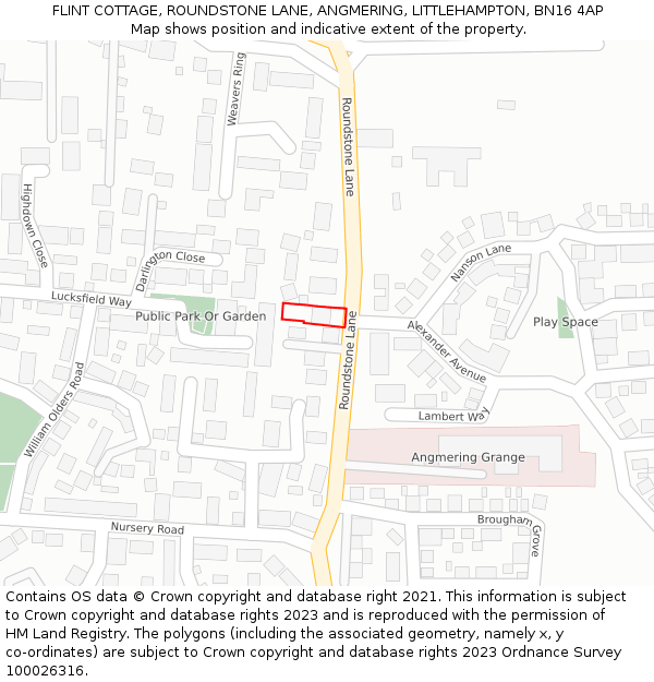 FLINT COTTAGE, ROUNDSTONE LANE, ANGMERING, LITTLEHAMPTON, BN16 4AP: Location map and indicative extent of plot