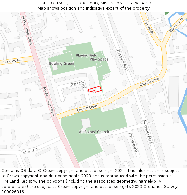 FLINT COTTAGE, THE ORCHARD, KINGS LANGLEY, WD4 8JR: Location map and indicative extent of plot