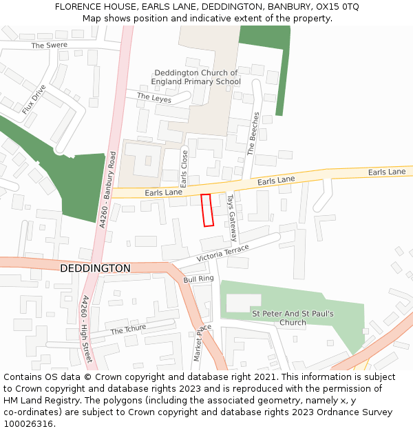 FLORENCE HOUSE, EARLS LANE, DEDDINGTON, BANBURY, OX15 0TQ: Location map and indicative extent of plot