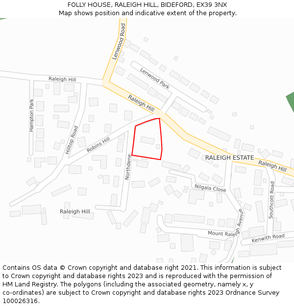 FOLLY HOUSE, RALEIGH HILL, BIDEFORD, EX39 3NX: Location map and indicative extent of plot