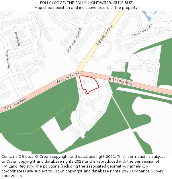 FOLLY LODGE, THE FOLLY, LIGHTWATER, GU18 5UZ: Location map and indicative extent of plot