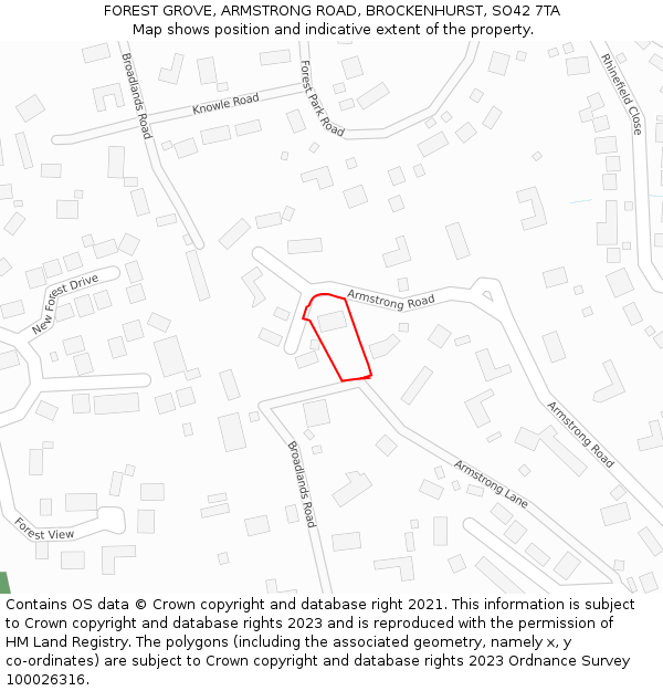 FOREST GROVE, ARMSTRONG ROAD, BROCKENHURST, SO42 7TA: Location map and indicative extent of plot