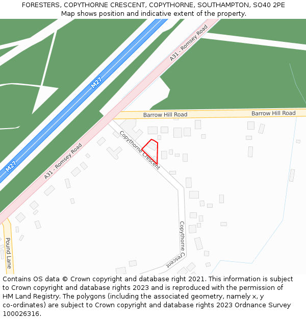 FORESTERS, COPYTHORNE CRESCENT, COPYTHORNE, SOUTHAMPTON, SO40 2PE: Location map and indicative extent of plot