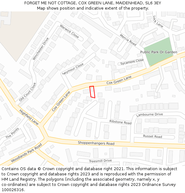 FORGET ME NOT COTTAGE, COX GREEN LANE, MAIDENHEAD, SL6 3EY: Location map and indicative extent of plot