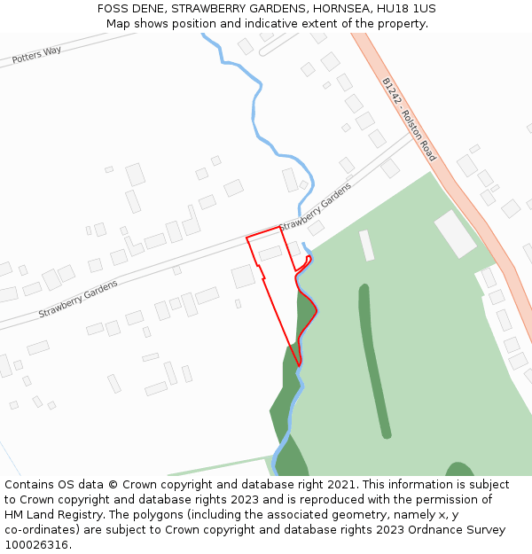 FOSS DENE, STRAWBERRY GARDENS, HORNSEA, HU18 1US: Location map and indicative extent of plot