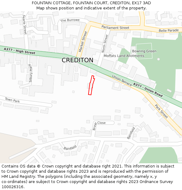 FOUNTAIN COTTAGE, FOUNTAIN COURT, CREDITON, EX17 3AD: Location map and indicative extent of plot