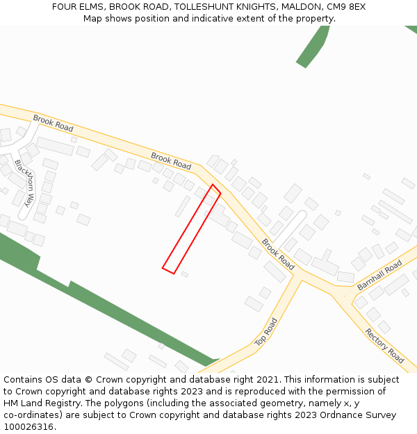 FOUR ELMS, BROOK ROAD, TOLLESHUNT KNIGHTS, MALDON, CM9 8EX: Location map and indicative extent of plot