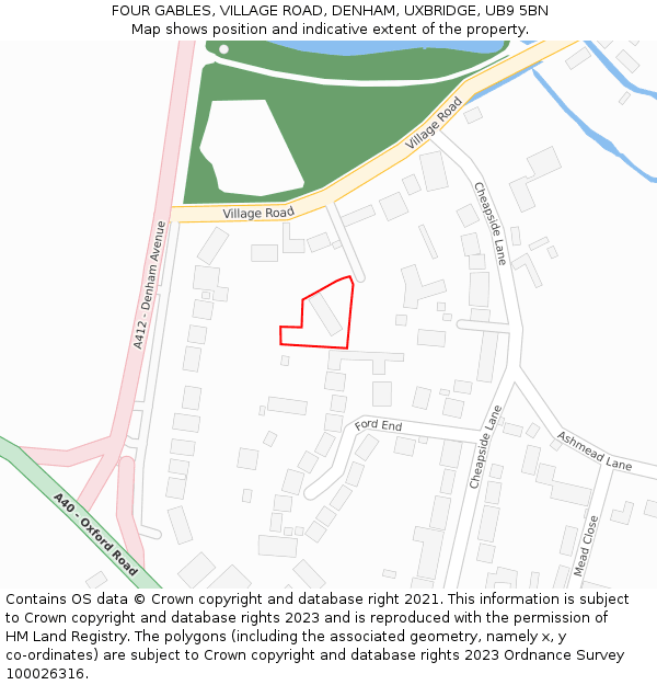 FOUR GABLES, VILLAGE ROAD, DENHAM, UXBRIDGE, UB9 5BN: Location map and indicative extent of plot