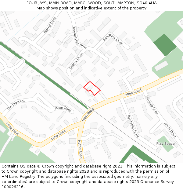 FOUR JAYS, MAIN ROAD, MARCHWOOD, SOUTHAMPTON, SO40 4UA: Location map and indicative extent of plot