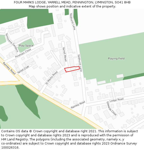 FOUR MARKS LODGE, YARRELL MEAD, PENNINGTON, LYMINGTON, SO41 8HB: Location map and indicative extent of plot