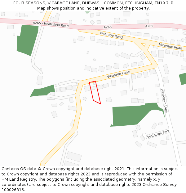 FOUR SEASONS, VICARAGE LANE, BURWASH COMMON, ETCHINGHAM, TN19 7LP: Location map and indicative extent of plot