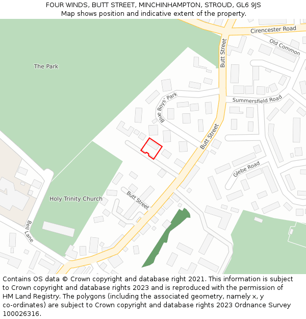 FOUR WINDS, BUTT STREET, MINCHINHAMPTON, STROUD, GL6 9JS: Location map and indicative extent of plot