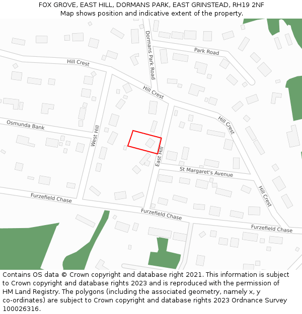 FOX GROVE, EAST HILL, DORMANS PARK, EAST GRINSTEAD, RH19 2NF: Location map and indicative extent of plot