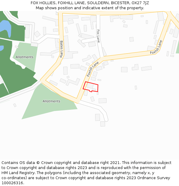 FOX HOLLIES, FOXHILL LANE, SOULDERN, BICESTER, OX27 7JZ: Location map and indicative extent of plot