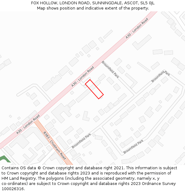 FOX HOLLOW, LONDON ROAD, SUNNINGDALE, ASCOT, SL5 0JL: Location map and indicative extent of plot