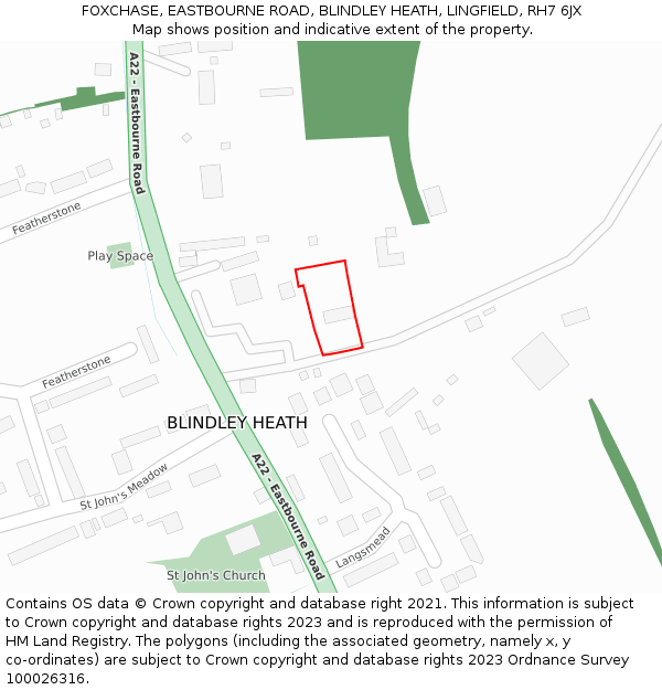 FOXCHASE, EASTBOURNE ROAD, BLINDLEY HEATH, LINGFIELD, RH7 6JX: Location map and indicative extent of plot