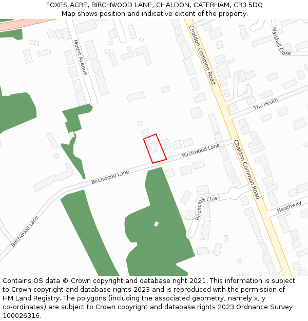 FOXES ACRE, BIRCHWOOD LANE, CHALDON, CATERHAM, CR3 5DQ: Location map and indicative extent of plot