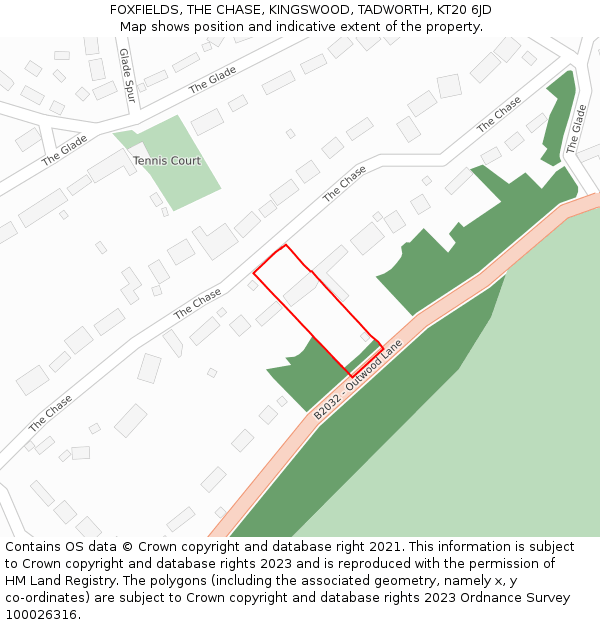 FOXFIELDS, THE CHASE, KINGSWOOD, TADWORTH, KT20 6JD: Location map and indicative extent of plot