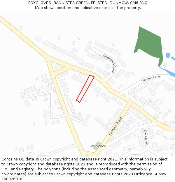 FOXGLOVES, BANNISTER GREEN, FELSTED, DUNMOW, CM6 3NQ: Location map and indicative extent of plot